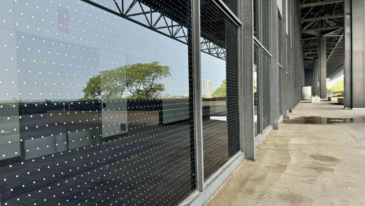 Feather Friendly film (a vinyl film with a dot pattern) installed on McCormick Place glass